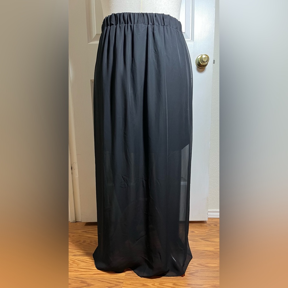 Pure Energy Flowy Black Maxi Skirt with Sheer Overlay - Picture 6 of 8